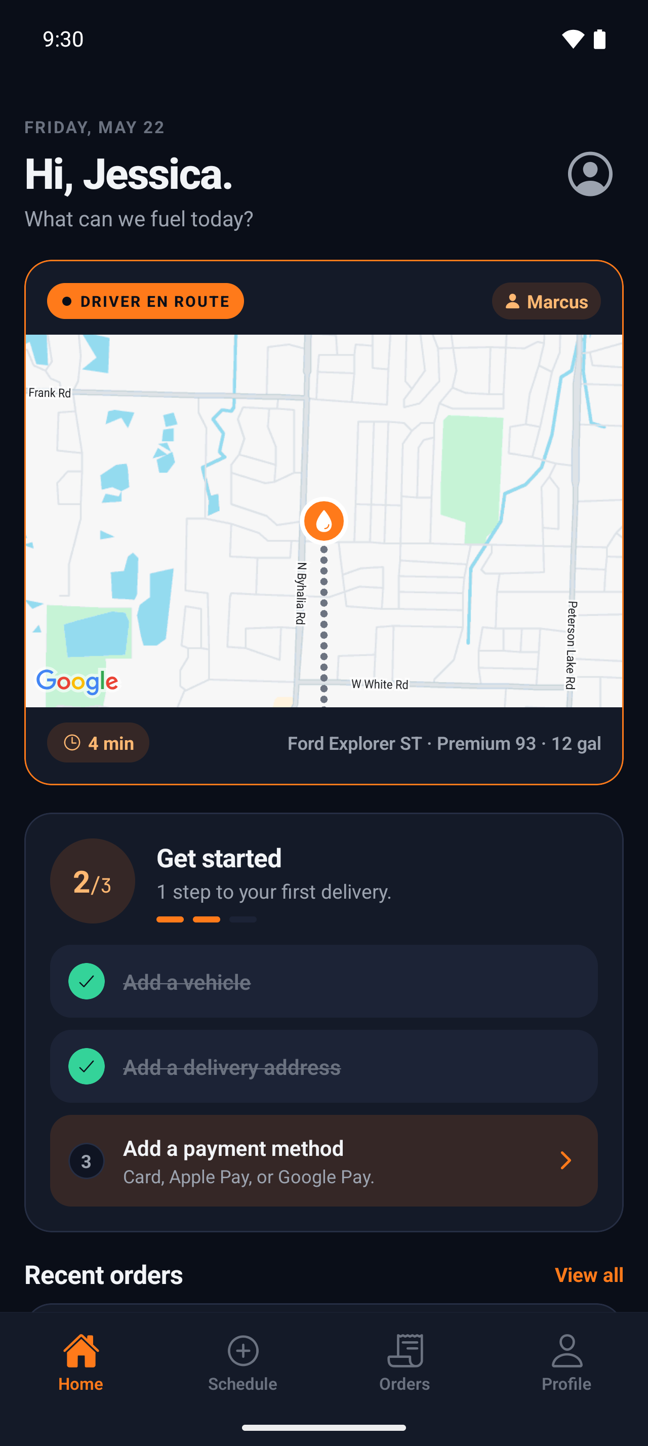 The Dashlight Fuel app showing live driver tracking on the home screen