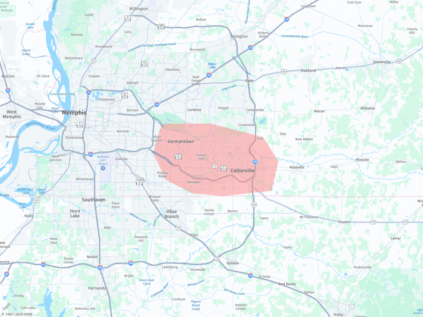 Map of the Dashlight Fuel service area around Collierville, TN